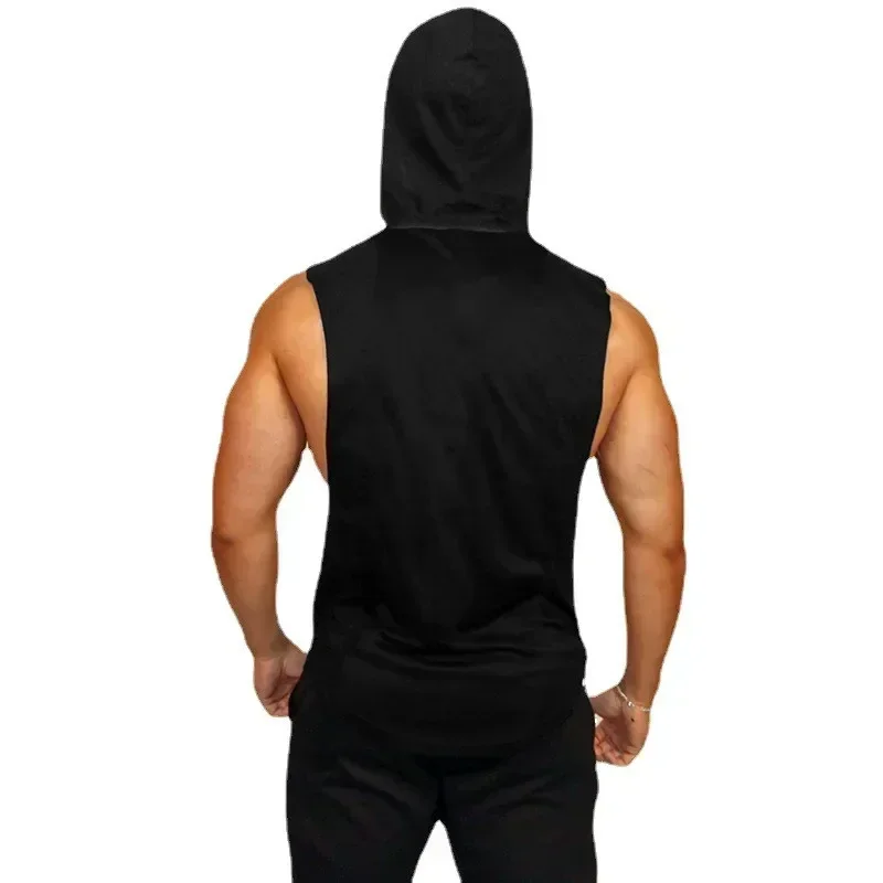 MACHINE FITNESS Mens Gym Hooded Tank Top Cotton Bodybuilding Clothing Summer Muscle Fit Sleeveless Hoodies Shirt Sports Singlets