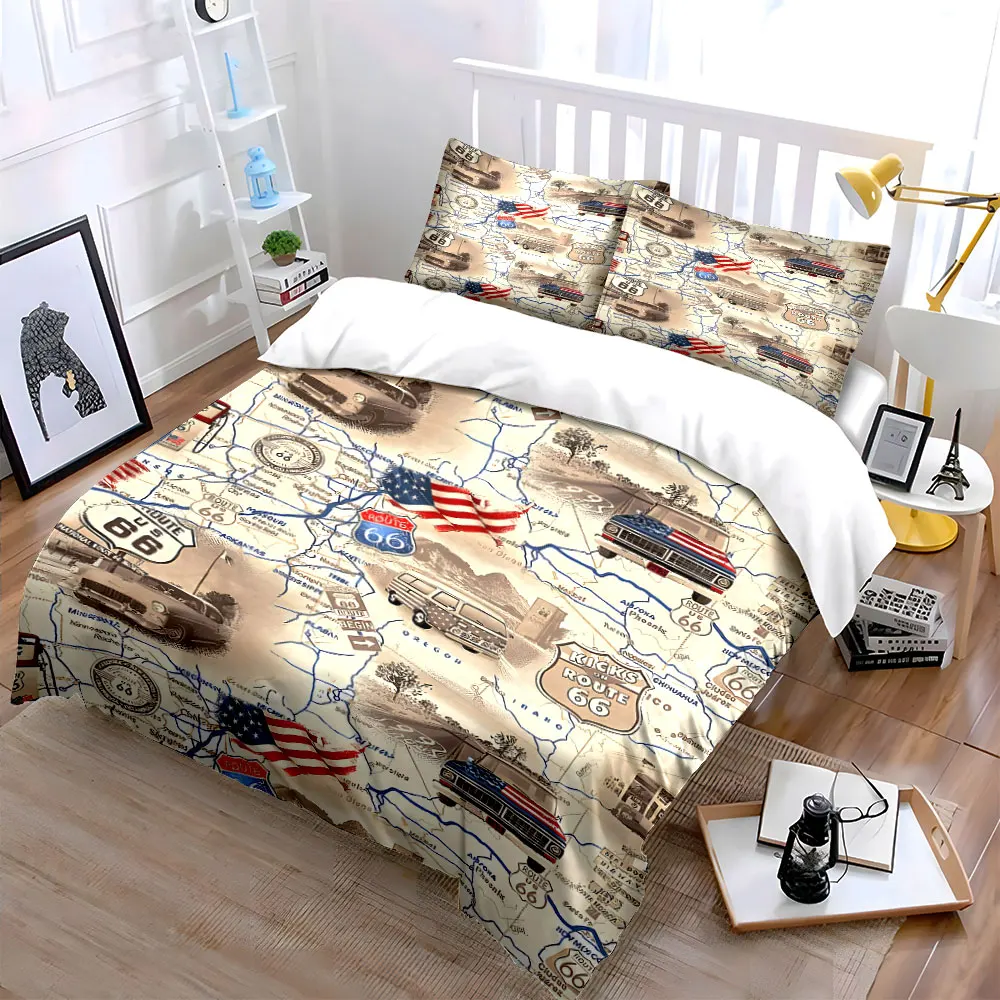 Vintage Route 66 Map Elements Pattern Duvet Cover Set Digital Print Colorful Polyester Bedding with Zipper Closur for kids gifts
