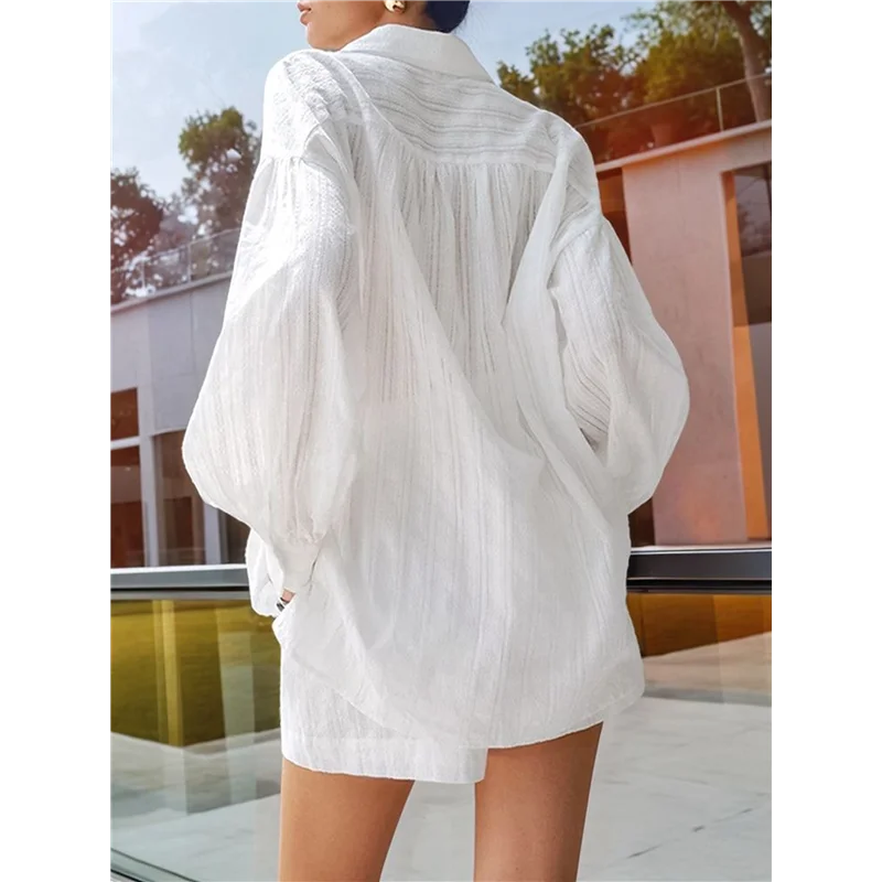 CYL-2 Piece Sets For Women Summer Oversized White Shirt And Shorts Sets For Women 2 Piece Outfits Vacation Sets
