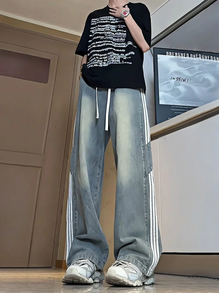 

Мужские летние джинсы American Stripe Tee Bars: тонкие, прямые, широкие штанины, высокая талия, удлиненные, повседневные, модные, свободного кроя