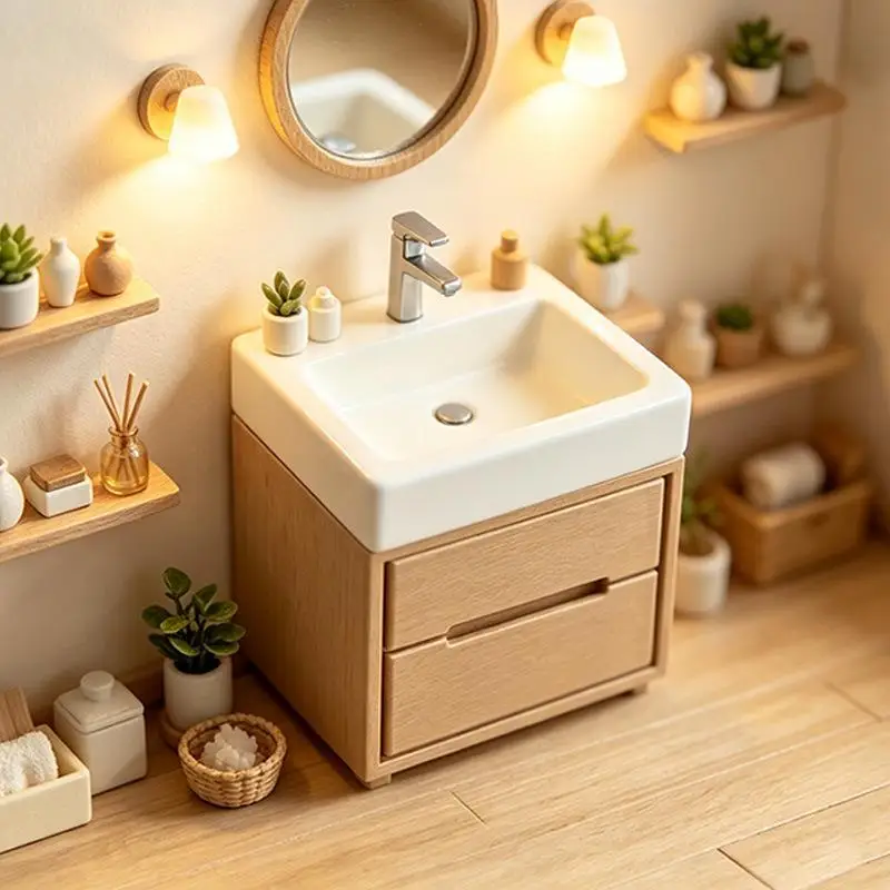 {H} Miniature Vanity Sink Cabinet Ornament 1/12 Dollhouse Bathroom Furniture Model Dolls House Micro Scene Decor