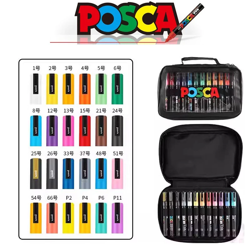 Uni Posca Marker Pen Art Stationery Set Portable Transparent Storage Bag Painting Professional Student Waterproof Supplies