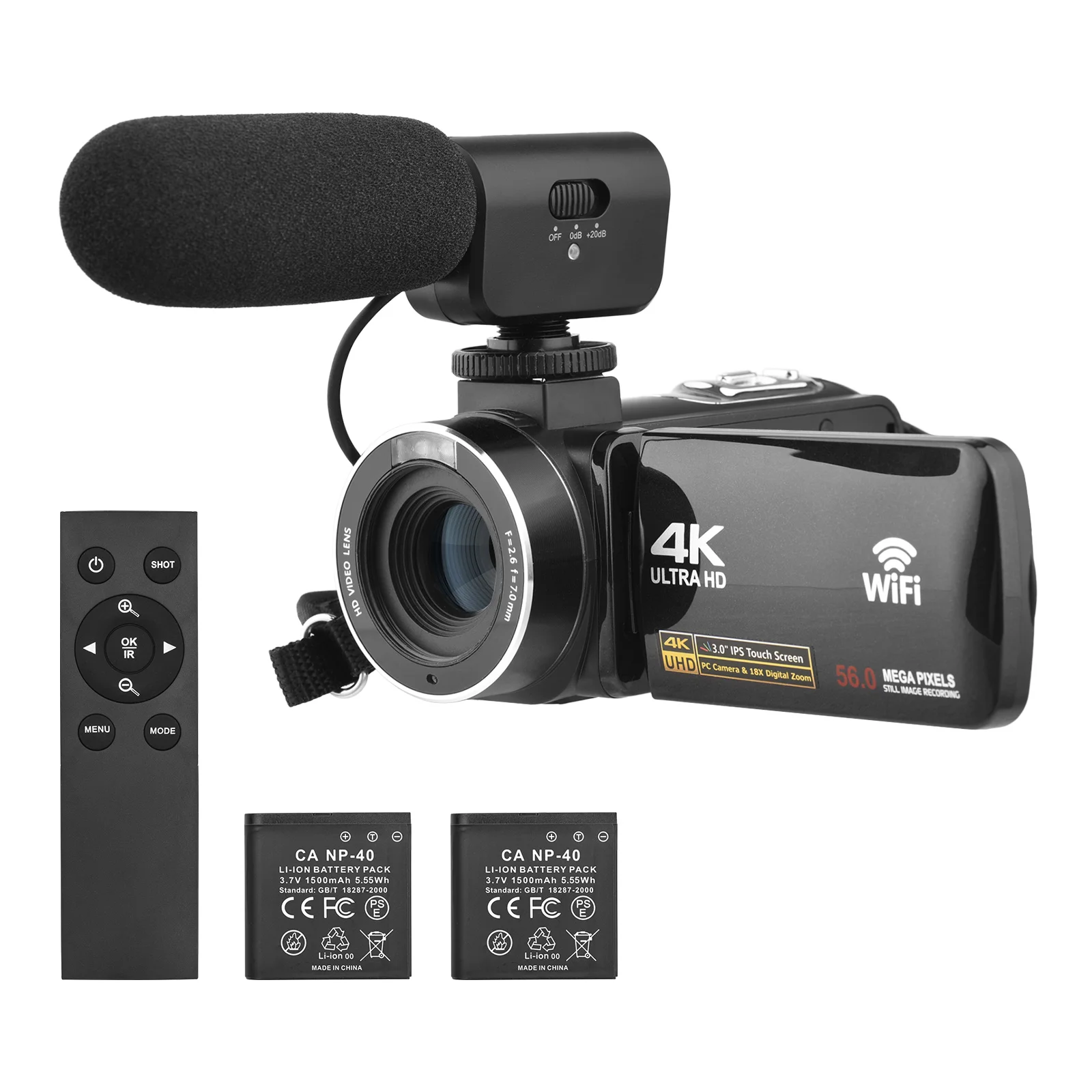 4K Digital Video Camera WiFi Camcorder DV Recorder 56MP 18X Digital Zoom 3.0 Inch IPS Touchscreen Anti-shake IR Night Vision