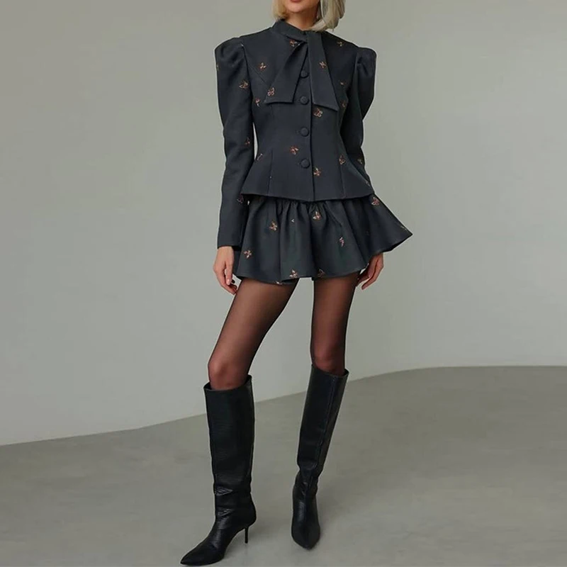 

Fashion Bow Lace-Up Tops with Short Skirt Outfits 2026 Casual Long Sleeve Women's Sets Elegant Pattern Print Mini Skirt 2Pc Suit