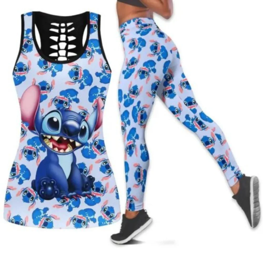 

2025Disney Stitch Women's Hollow Tanktop Leggings Yoga Set Summer Fitness Leggings Tracksuit Disney Cutout Tank Top Leggings Set