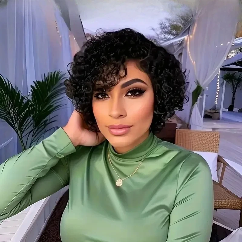 

Short Bob Wig Pixie Cut Curly Human Hair Wigs For Women Black Color 13x4x1 T part lace closure Deep Wave Lace Wig Preplucked