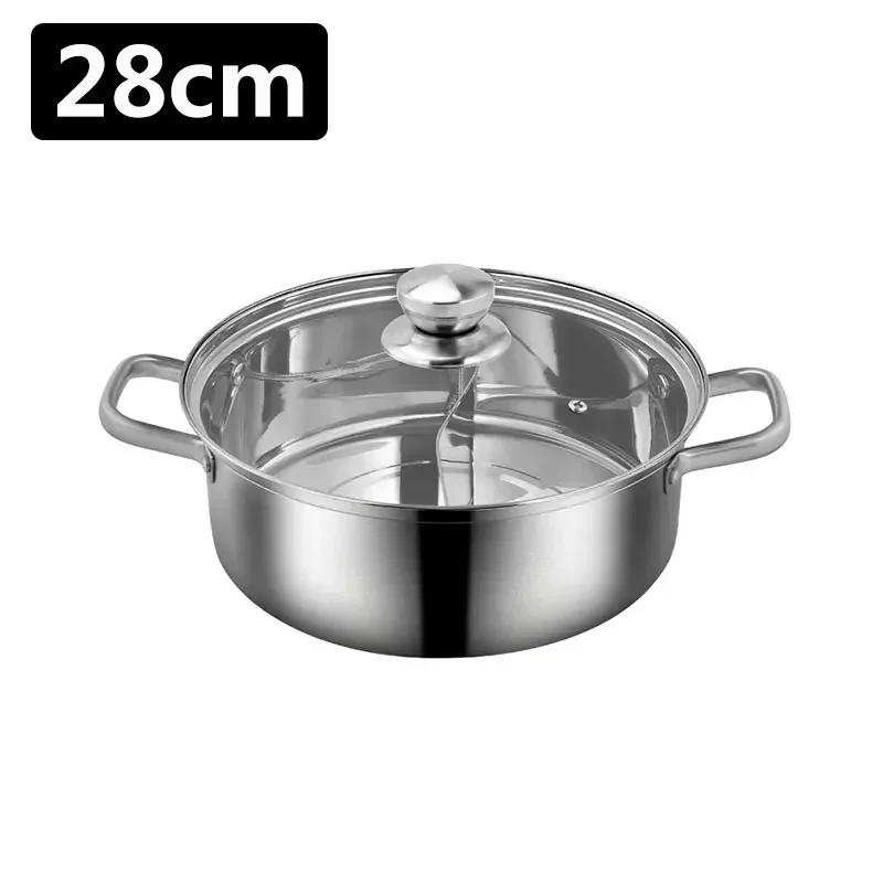 304 Stainless Steel Chinese Hot Pot Thicken 2 In 1 Divided Hotpot with Glass Cover Kitchen Nonstick Cooking Pan Induction Cooker