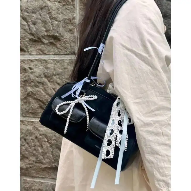 Bloom Vintage Black Bowling Handbag Women New Leather Pocket Chic Casual Shoulder Bags Female Retro Underarm Bag Aesthetic