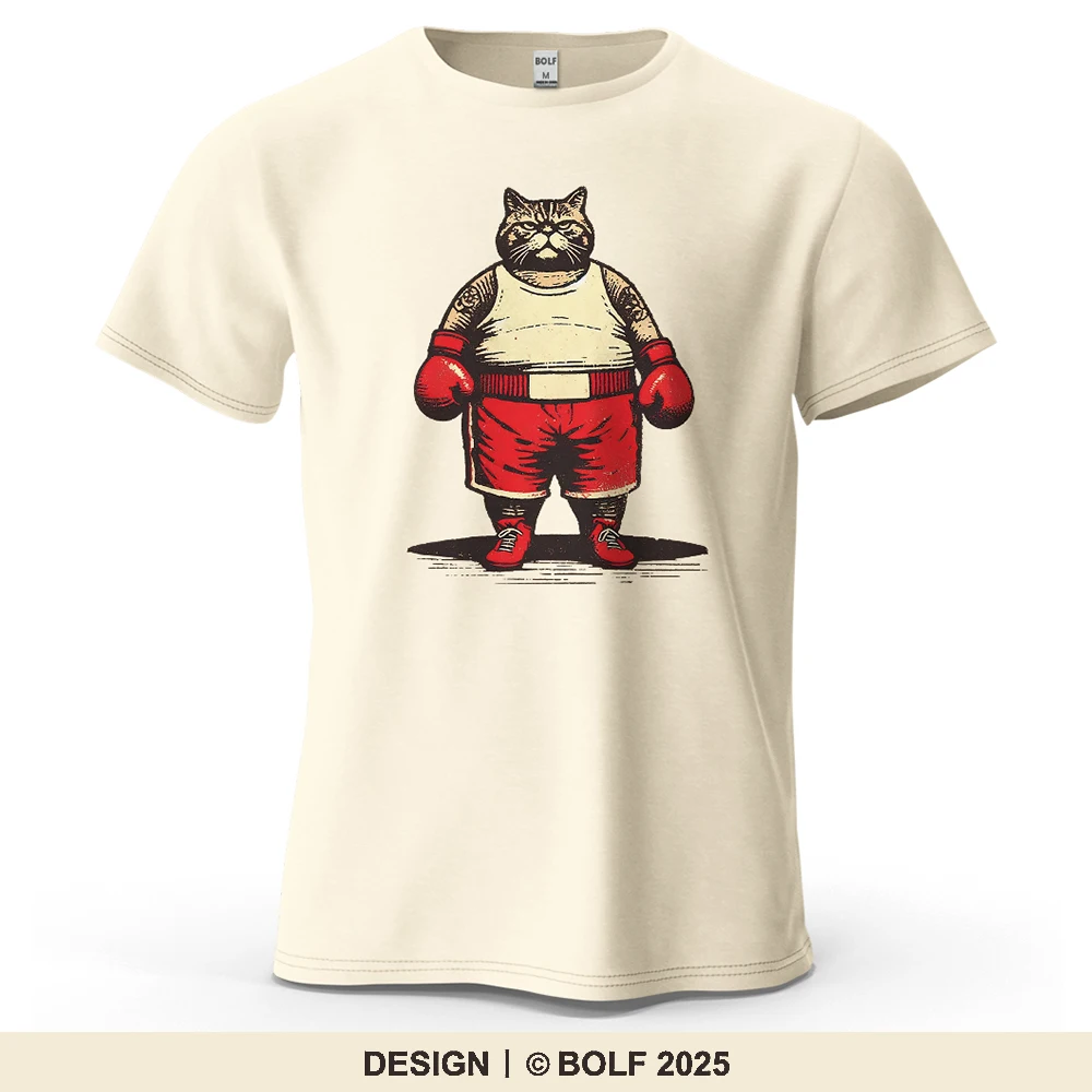 

Boxing Cat Cartoon Printed Men's T-Shirt 100% Cotton Oversized Vintage Inspired Graphic Outings Tees for Women Tops Streetwear