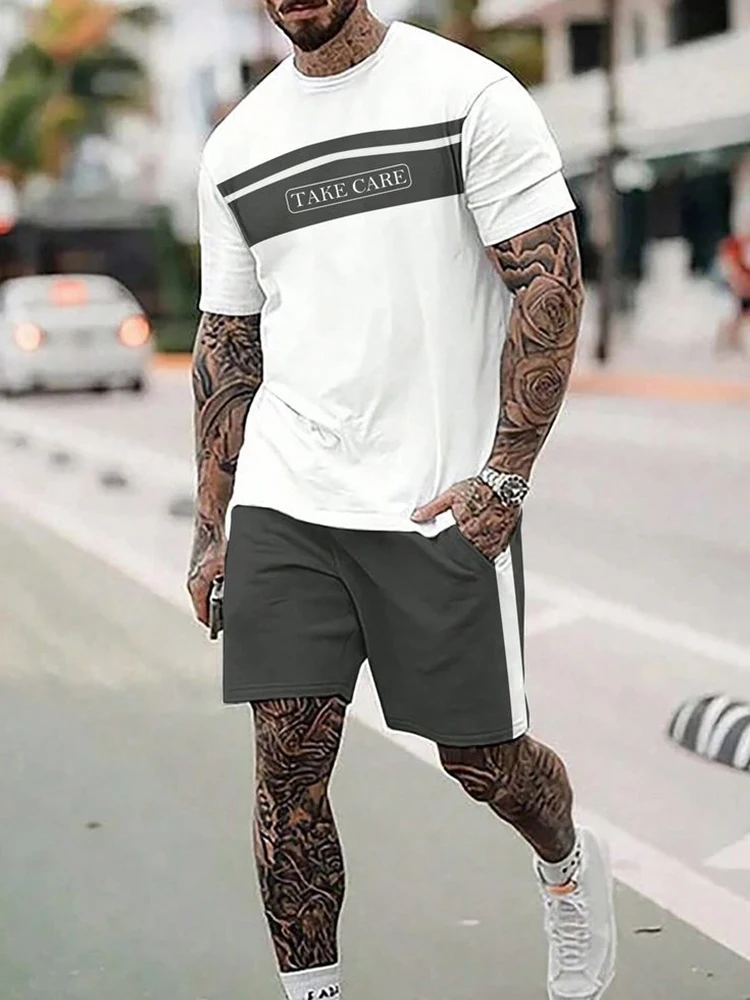 Stripe printing Men\'s 2-Pcs Casual Fashion Outfit Short Sleeve T-Shirt Shorts Set For Stylish Summer Workouts Athleisure Wear