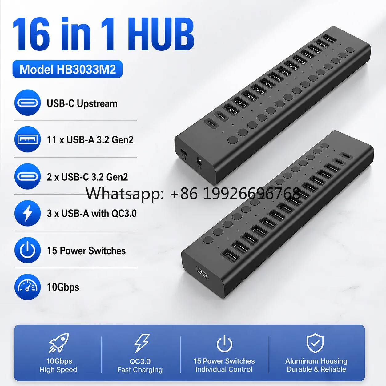 16-in-1 USB-C Hub, 11xUSB-A 10Gbps + 2xUSB-C 10Gbps + 3xQC3.0, 15 Switches, BC1.2/2.4A, DC 12-20V