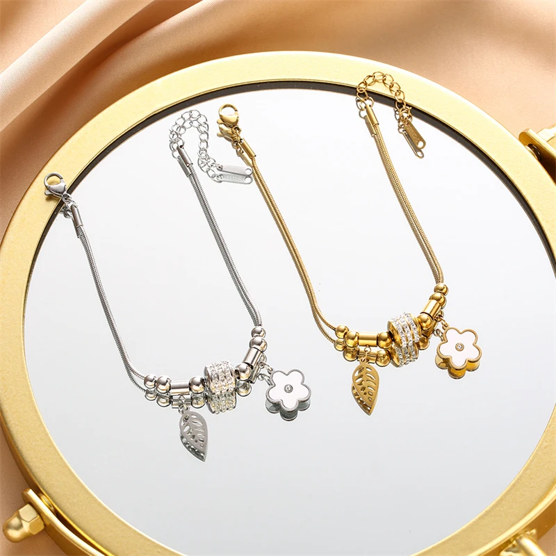 316L Stainless Steel New Fashion Fine Waterproof Jewelry Zircon Beads Leaf Seashell Flower Charm Snake Chain Bracelets For Women