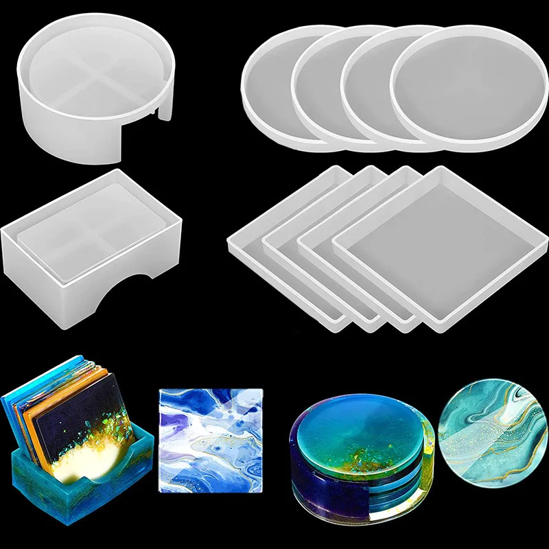 5Pcs/Set DlY Epoxy Resin Cup Coasters Making Silicone Molds, Including Round and Square Shapes Coaster Silicone Molds