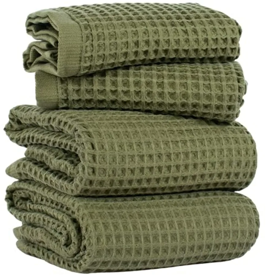 

Bathroom use: 100 Turkish cotton waffle towels in khaki green honeycomb weave, soft, absorbent, quick-dry, lightweight