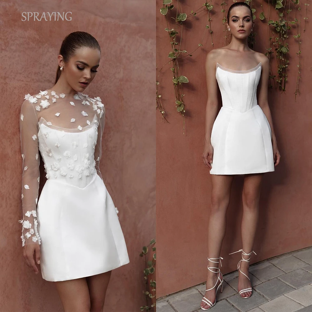 

SPRAYING Short Wedding Dresses Two-Piece Illusion Appliques Bridal Gown Custom Made Above Knee Mini Wedding Party Dress Elegant