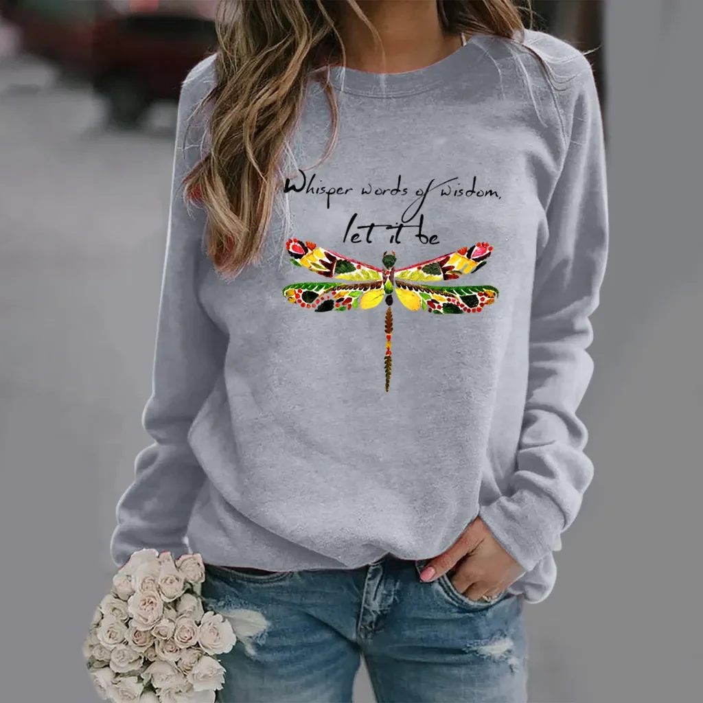 Independence Station Dragonfly Print Long-sleeved Crewneck Hoodie Woman Sweatshirt Sweatshirts Streetwear Women Clothes