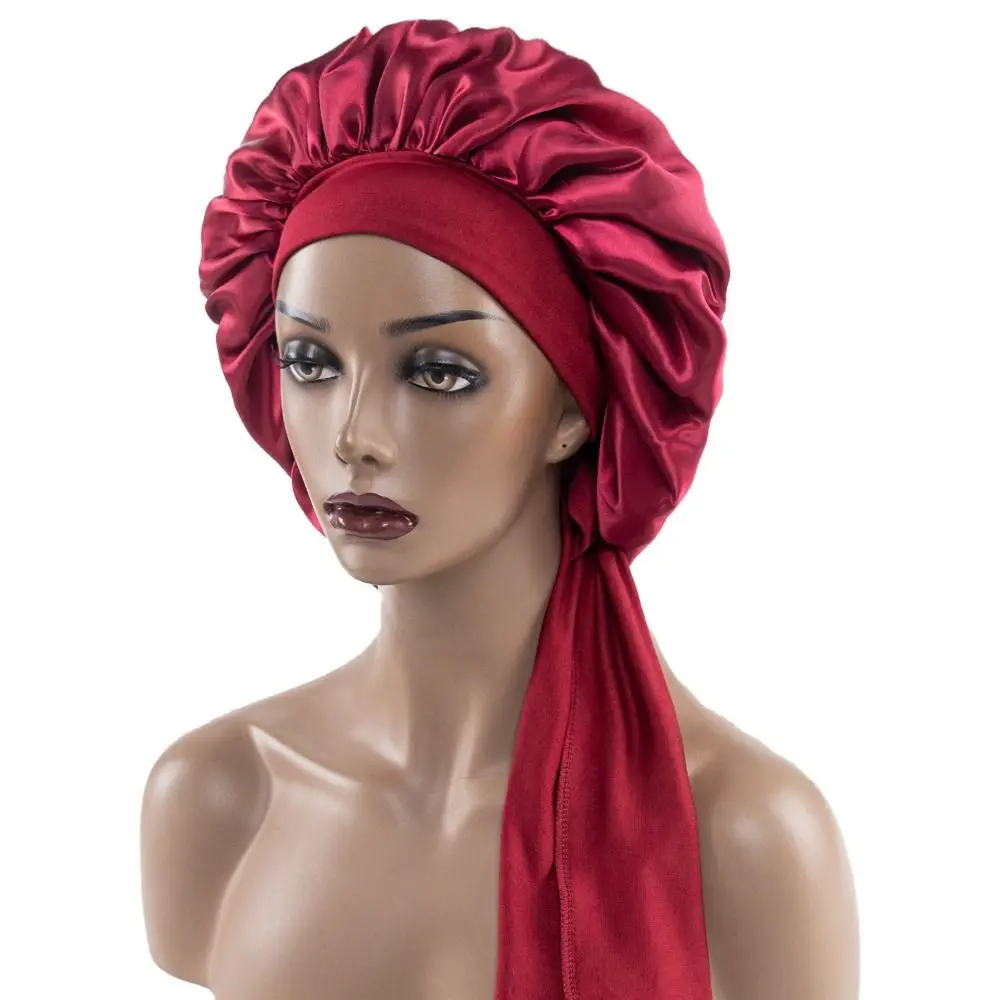 New Solid color Large Satin Bonnet With Head Tie Band Edge Wrap Sleep Hat Hair Care Night Sleeping Cap for Women