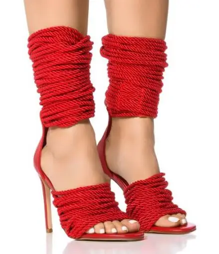 Summer Women Sliver Green Red Bling Crystal Ropes Cross Tied Cover Heel Sandals Lady Peep Toe Hollow 10 12 CM Thin Heels Shoes