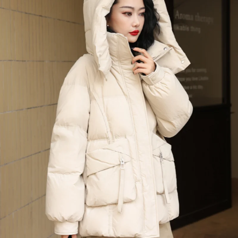 Women's Mid-Length Down Jacket, Loose Winter Coat, Female Jackets, Casual Fashion, Commuting, Korean, 2024