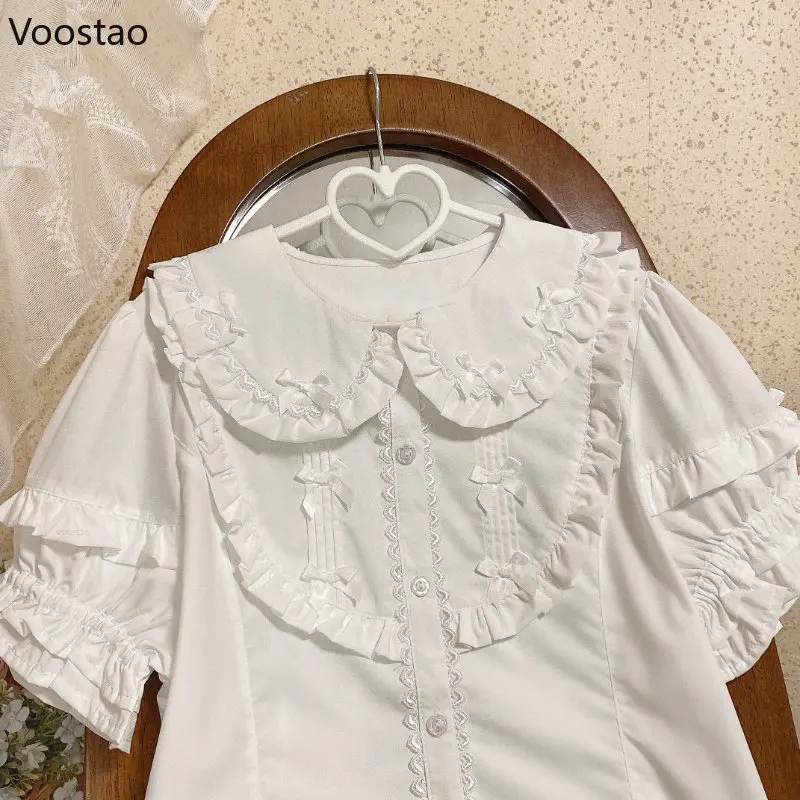 Japanese Gothic Y2k Lolita Blouses Women Vintage Cute Ruffles Peter Pan Collar JK Shirts Girls Sweet Kawaii Blusas Mujer Tops