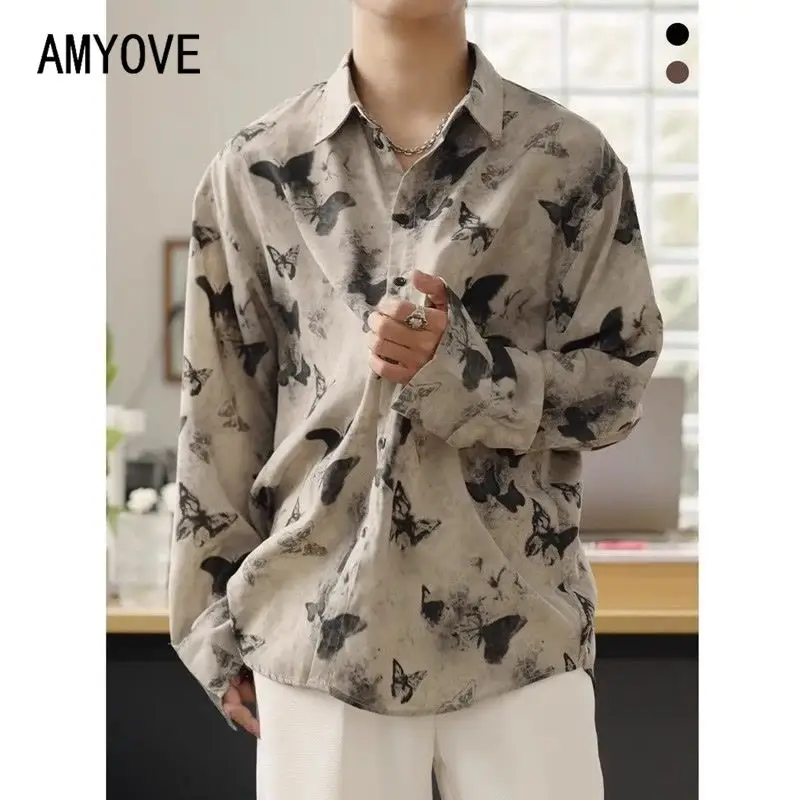 

Spring and Summer Lazy Style Butterfly Printed Couple Shirt for Men and Women Turn-down Collar Long Sleeve Loose Casual Tops