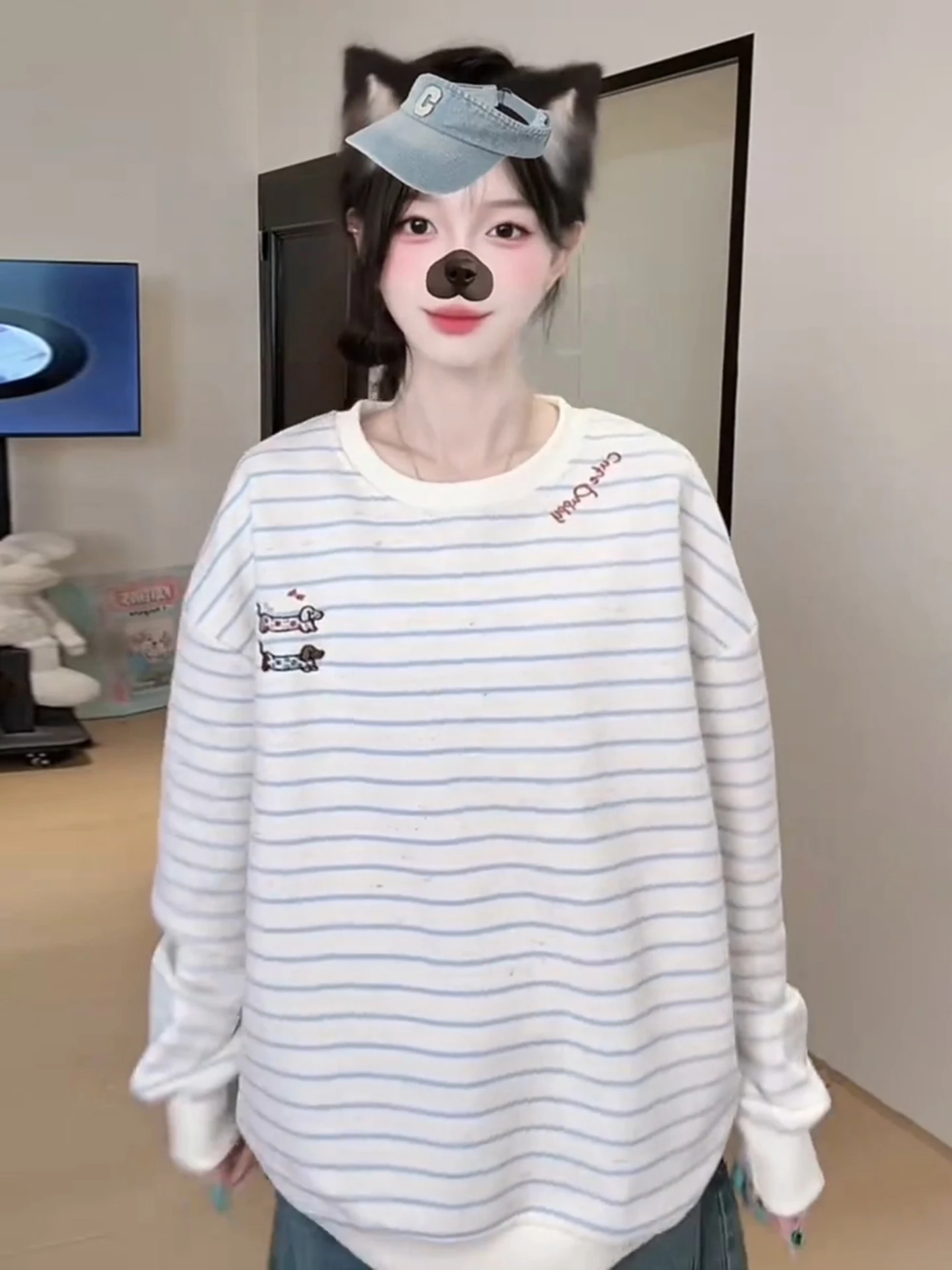 

Весенне-летний осенний женский свитшот с длинным рукавом, круглым вырезом, вышивкой и полосками, свободного кроя, удобный повседневный топ