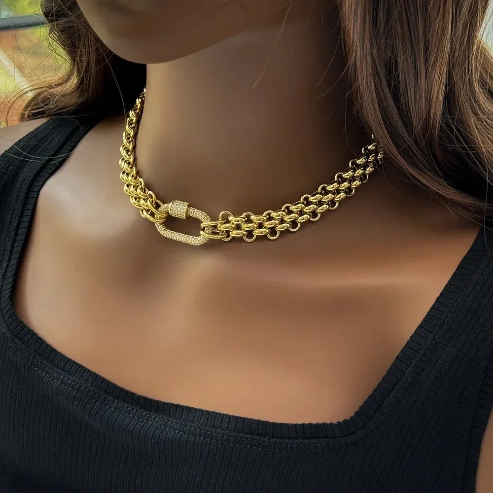 18K Gold Plated Stainless Steel Zircon Clasp Pendant Necklace for Women Waterproof Three Layer Braided Chains Choker Jewelry