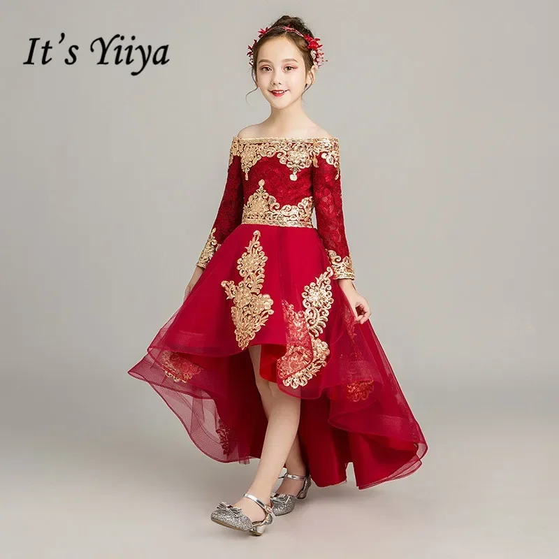 Flowers Girls Dresses Burgundy Lace Golden Appliques Boat Neck Zipper Back Full Sleeves High/Low Customization Girl Ball Gown