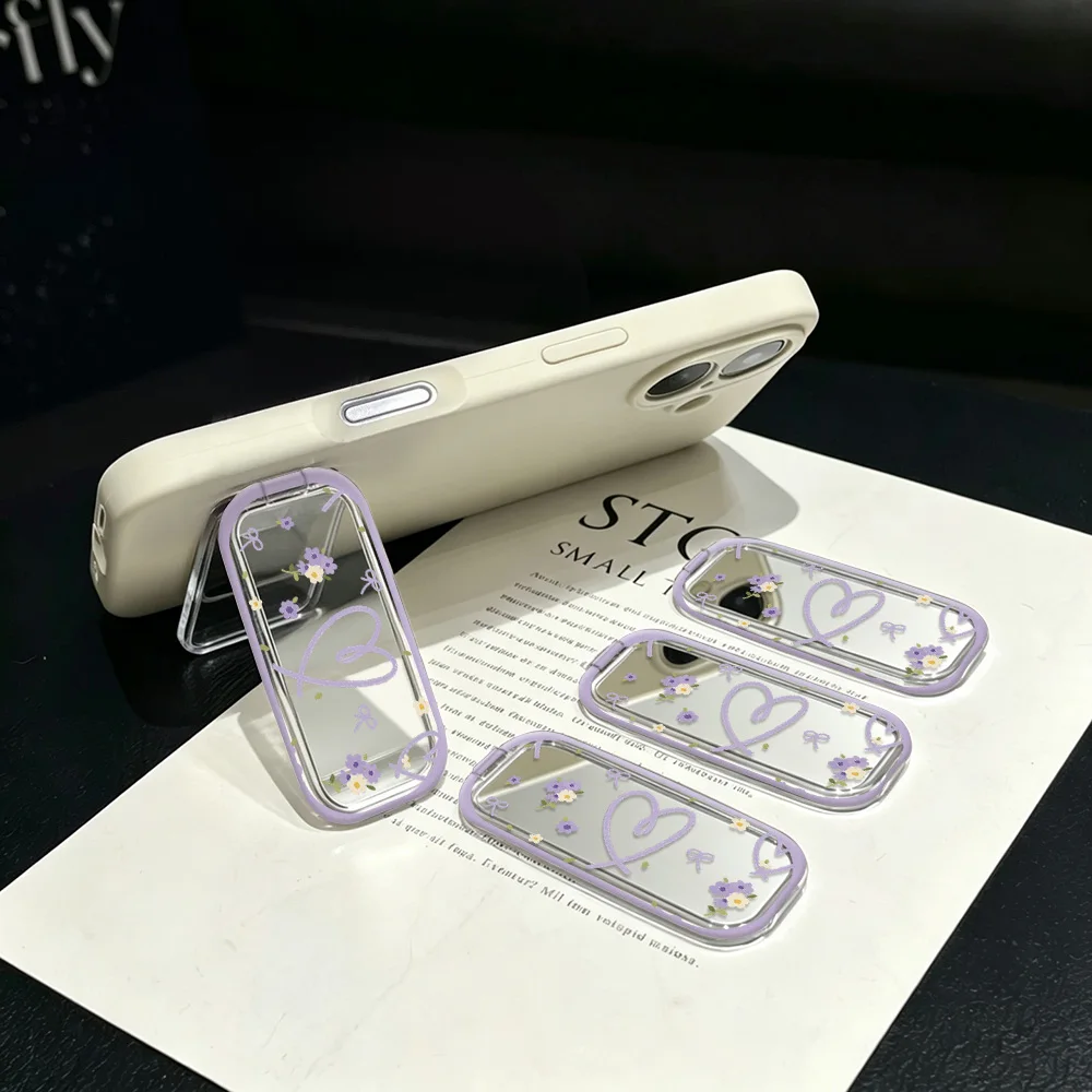 Kawaii Light Purple Floral Bow Ins Style Foldable Mirror Phone Grip 2-in-1 Makeup Mirror Phone Holder Multiple styles selection