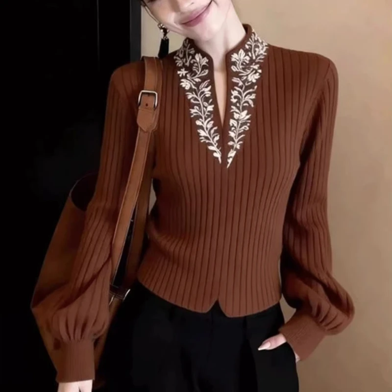 

Женский вязаный свитер с вышивкой и воротником-стойкой в винтажном стиле, весна-осень, с рукавами-фонариками, повседневный, с V-образным вырезом