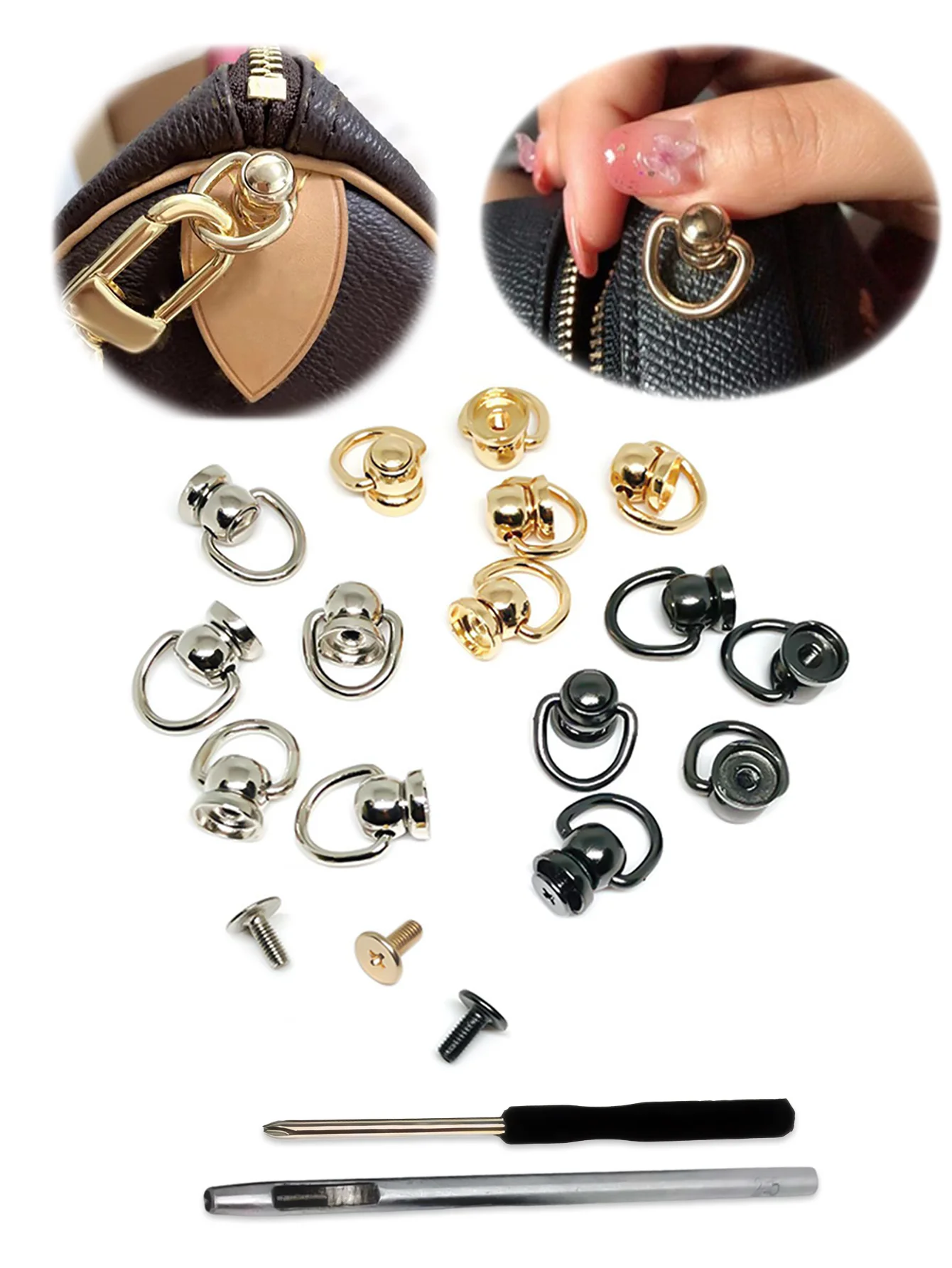 

4 Sets Metal Ball Studs Rivets D Ring with 2 Tools for Leather Crossbody Purse Craft, Handbag Barrel-shaped Zinc Alloy Bucket