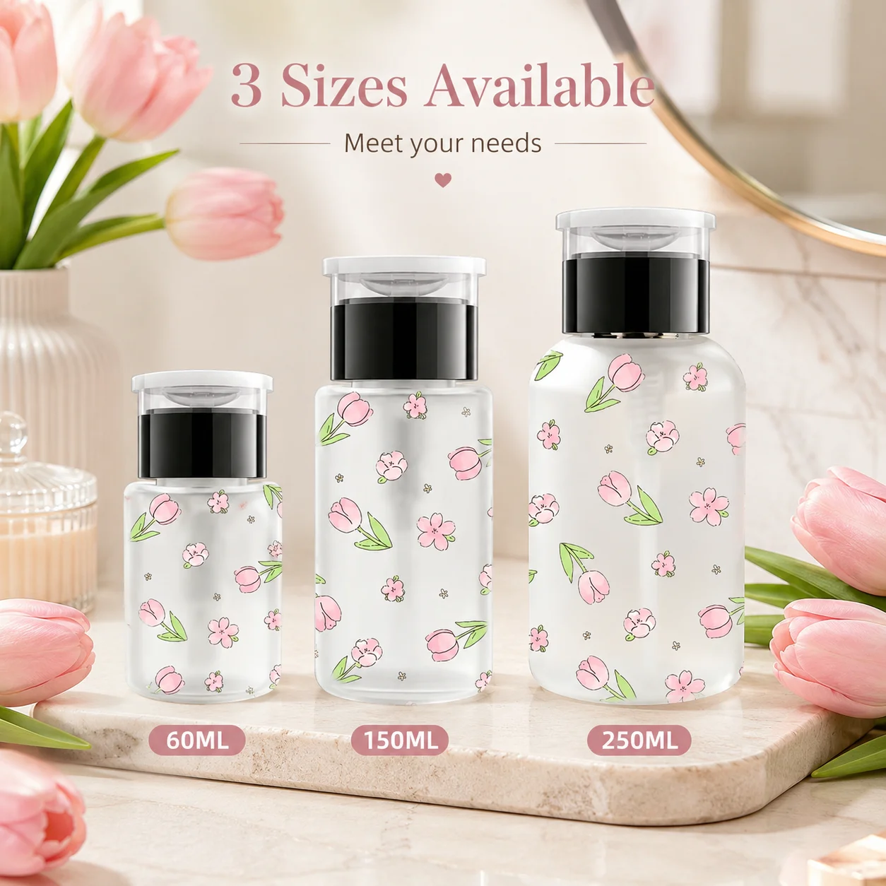 60/150/250ml Pink Floral Press Pump Bottle Refillable Toner Nail Remover Dispenser for Women Travel Salon Vanity Gift Toys