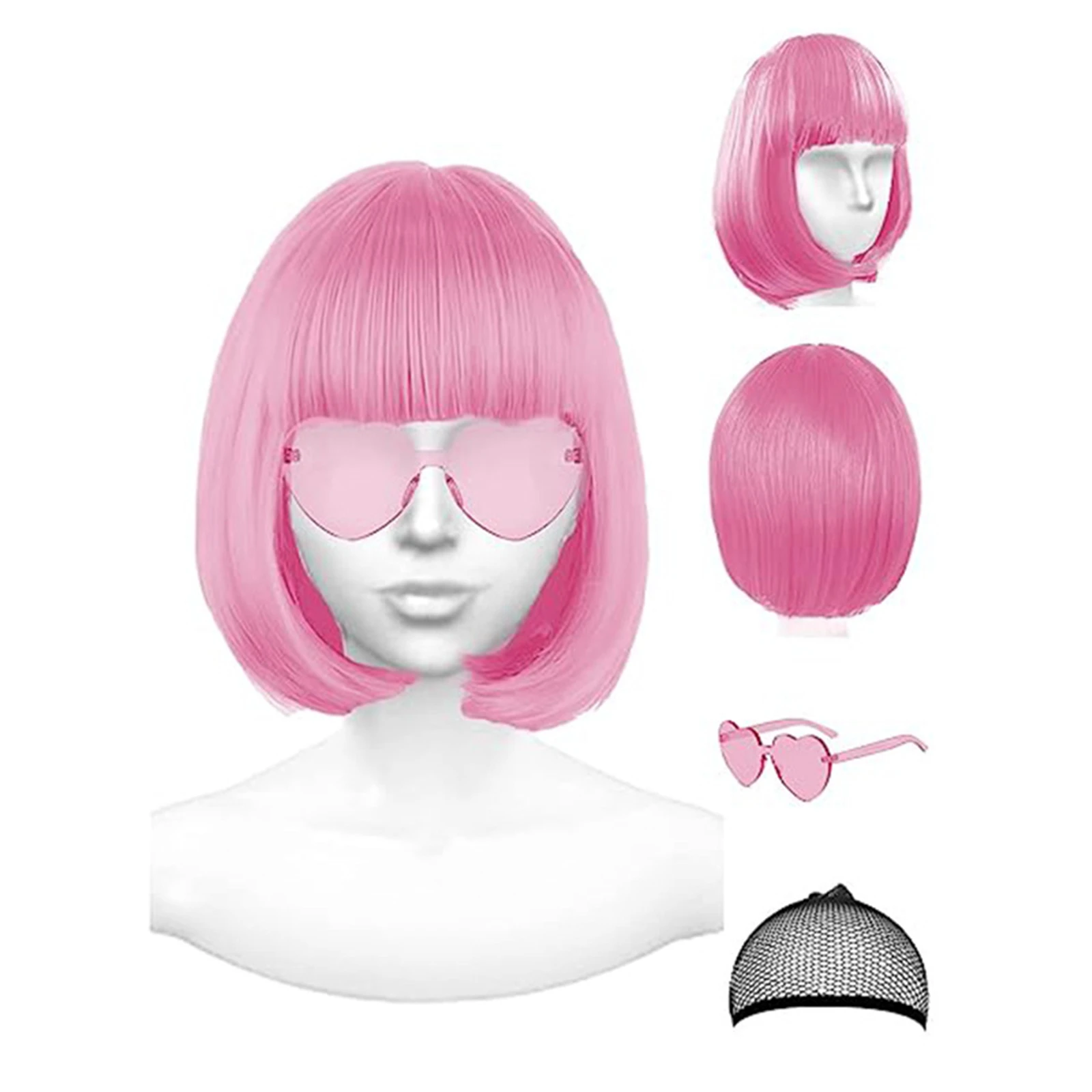 

Bob Cosplay Wig with Heart Sunglasses and Hair Cap Women Colorful Short Wigs Funny Headwear Halloween Costume Party Accessory