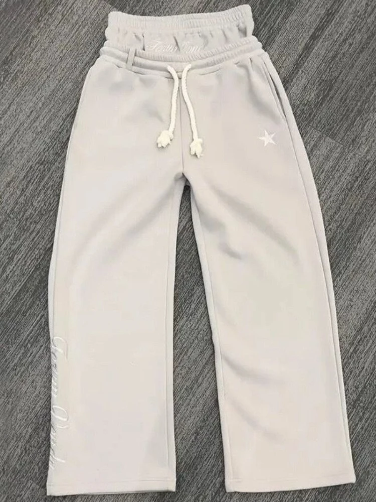 HOUZHOU Vintage Y2k Sweatpants Double Waisted Letter Embroidered Wide Leg Pants Casual Fake Two Pieces Baggy Joggers Streetwear
