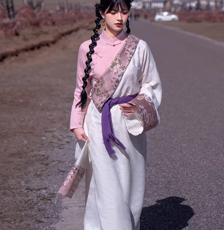 

Chinese summer Xizang Female White Lace Tibetan Robe Dance Performance Clothing