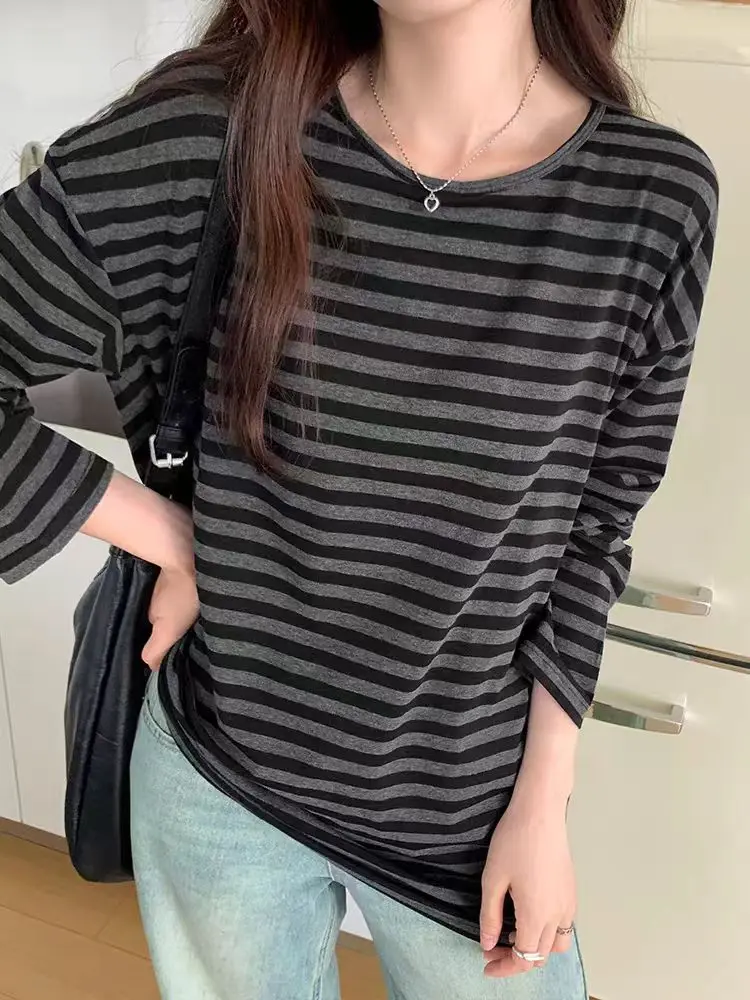 Herbst Frauen Harajuku Gestreiften T-shirt Lange Hülse O-ansatz Casual Oversize Top Femme Streetwear Schwarz Grau Lose Straße Tops Y2K – Detail 10