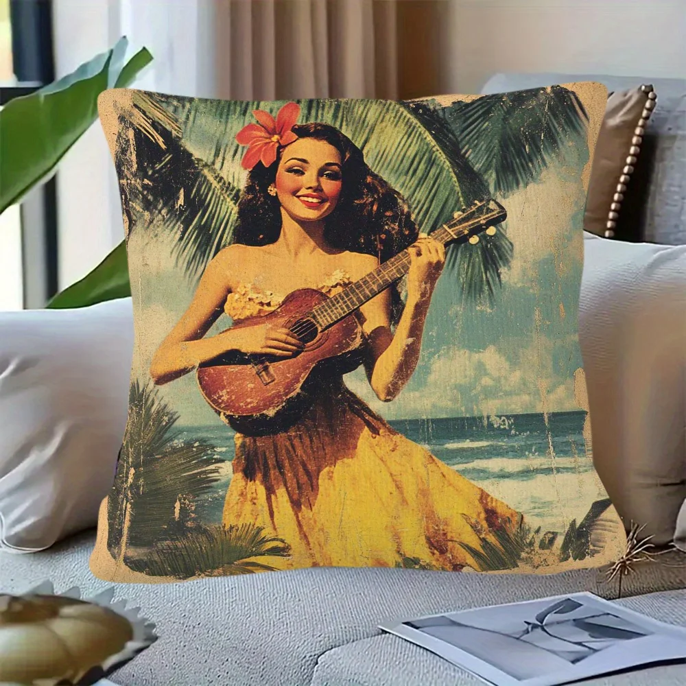 1pc Hawaiian Pin-Up Girl Pillow Cover, Polyester 2D Double-Sided Print, Retro Ukulele Beach Girl Art, Tropical Home & Car Decor