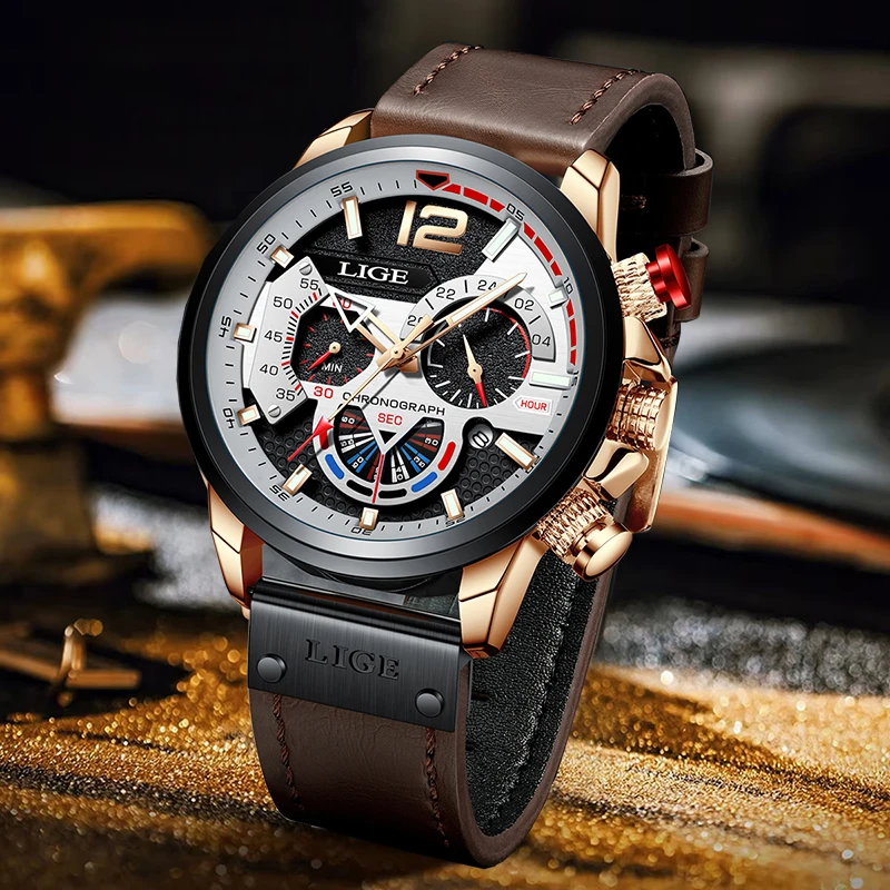 2026 New Men Watch LIGE Military Leather Watch For Men Fashion Waterproof Sport Quartz Chronograph Clock Male Gift Reloj Hombre