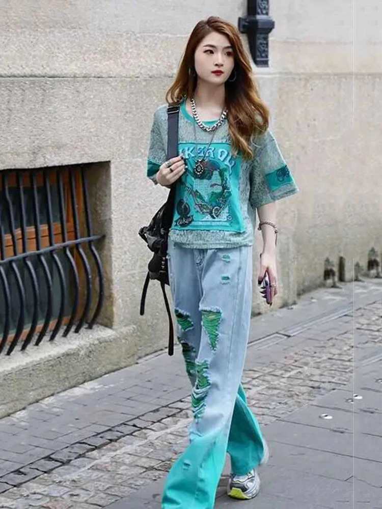 

European Station 2025 Women's Fashion Summer New Versatile Casual Round Neck T-shirt High Waist Jeans Two Piece Set