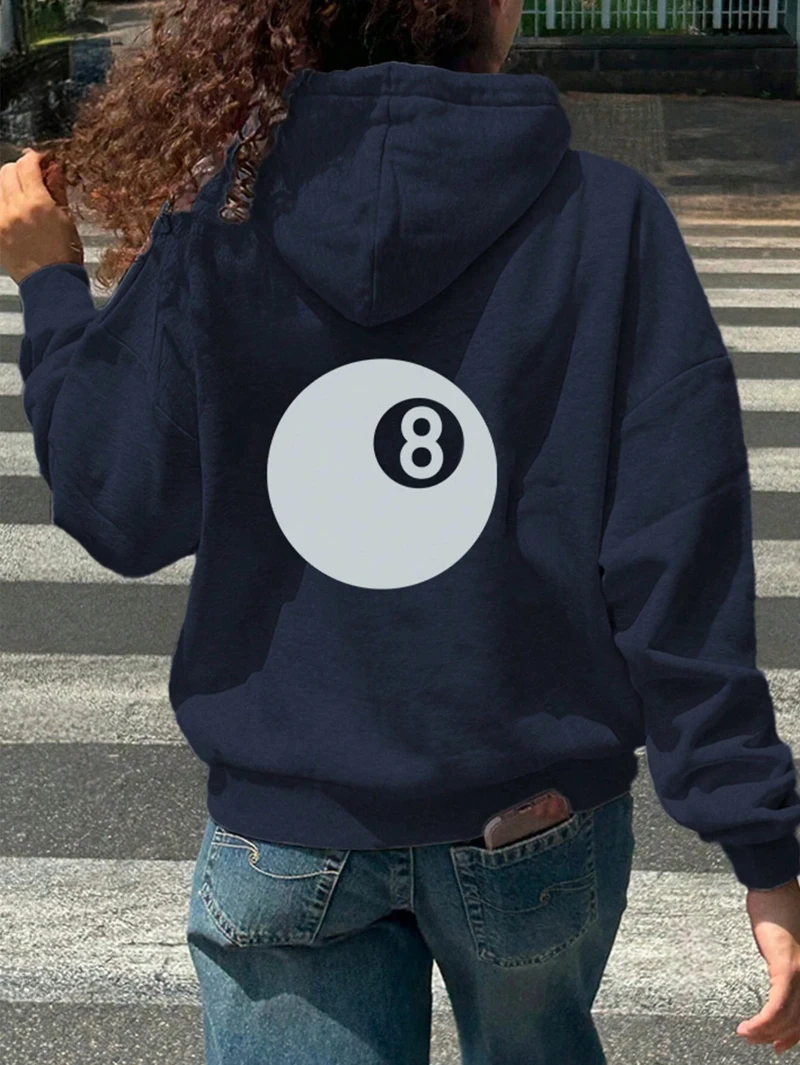 Autumn Hoodies No.8 Ball Pattern Printing Sweatshirts Warm Fleece Comfortable Pullovers Fashion Pocket Loose Female Clothing