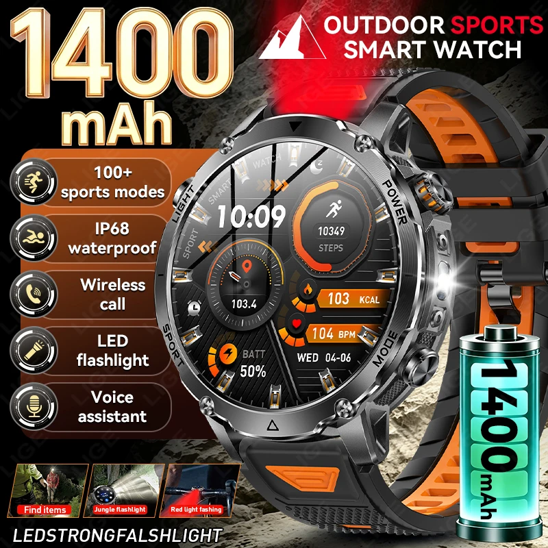 

2026 New 1400mAh Military Men Smart Watch 5ATM Waterproof Heart Rate LED Flashlight Bluetooth Call Watches Mens Sports Bracelet