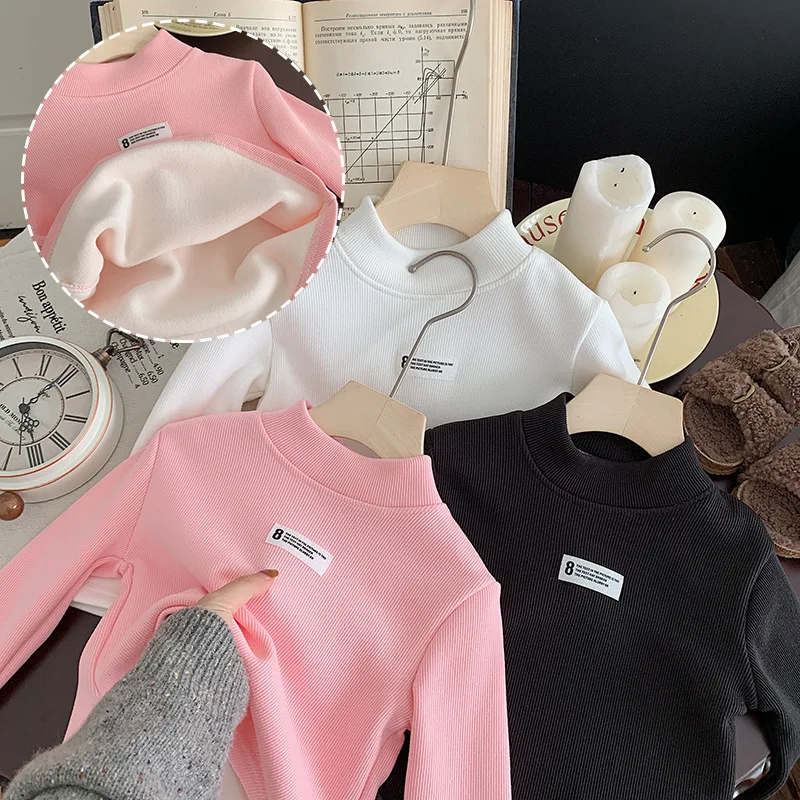

Children Girl Fleece Undershirt Autumn Winter Letter Velvet Warm Kid Girl Bottom Top Curved Hem Thick Inside Baby Girl Pullovers