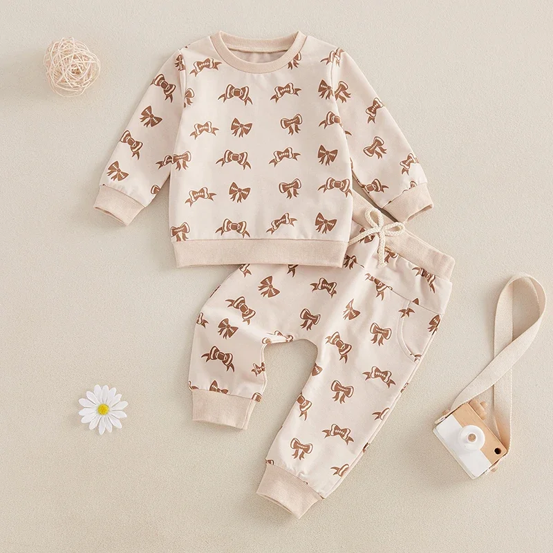 Toddler Girls Fall Clothes Rugby Bow Print Long Sleeve Sweatshirt and Elastic Pants Set Baby Clothing Cute 2 Piece Outfits