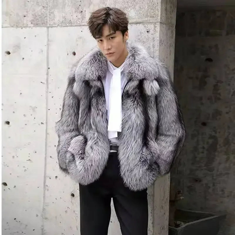 

Luxury Brand Men's Autumn Winter Fluffy New Business Casual Silver Fox Fur Jacket Faux Fur Coats Charming Warm Tops JJ982