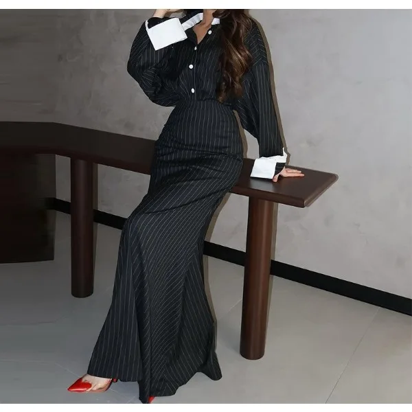 Elegant Women's Dress Sets Fall 2025 New Single Breasted Long Sleeved Shirt with Hip Wrapping Striped Long Skirt Suit Streetwear