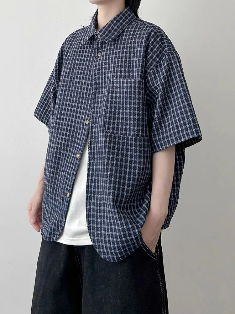 

Мужская футболка свободного кроя с текстурой «пузырьки», в клетку, повседневная, летняя, в стиле ретро, японский дизайн, молодежная, модная