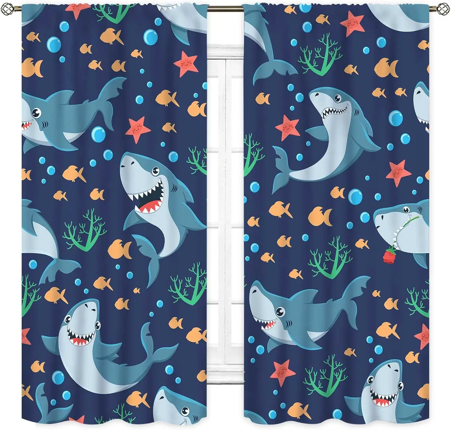 Shark Curtains, Underwater Fish Ocean Animals Shark Fish Sea World Marine Navy Blue Window Drapery Treatments for Kids Boys Girl