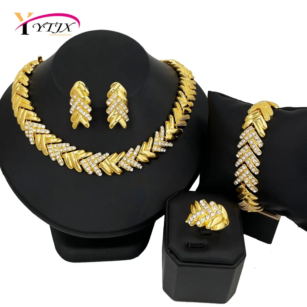 

YTJX Fashion Crystal Jewelry Set Gold Plated Clear Crystal Necklace Bracelet Earring Ring For Women Wedding Gift 2025 New