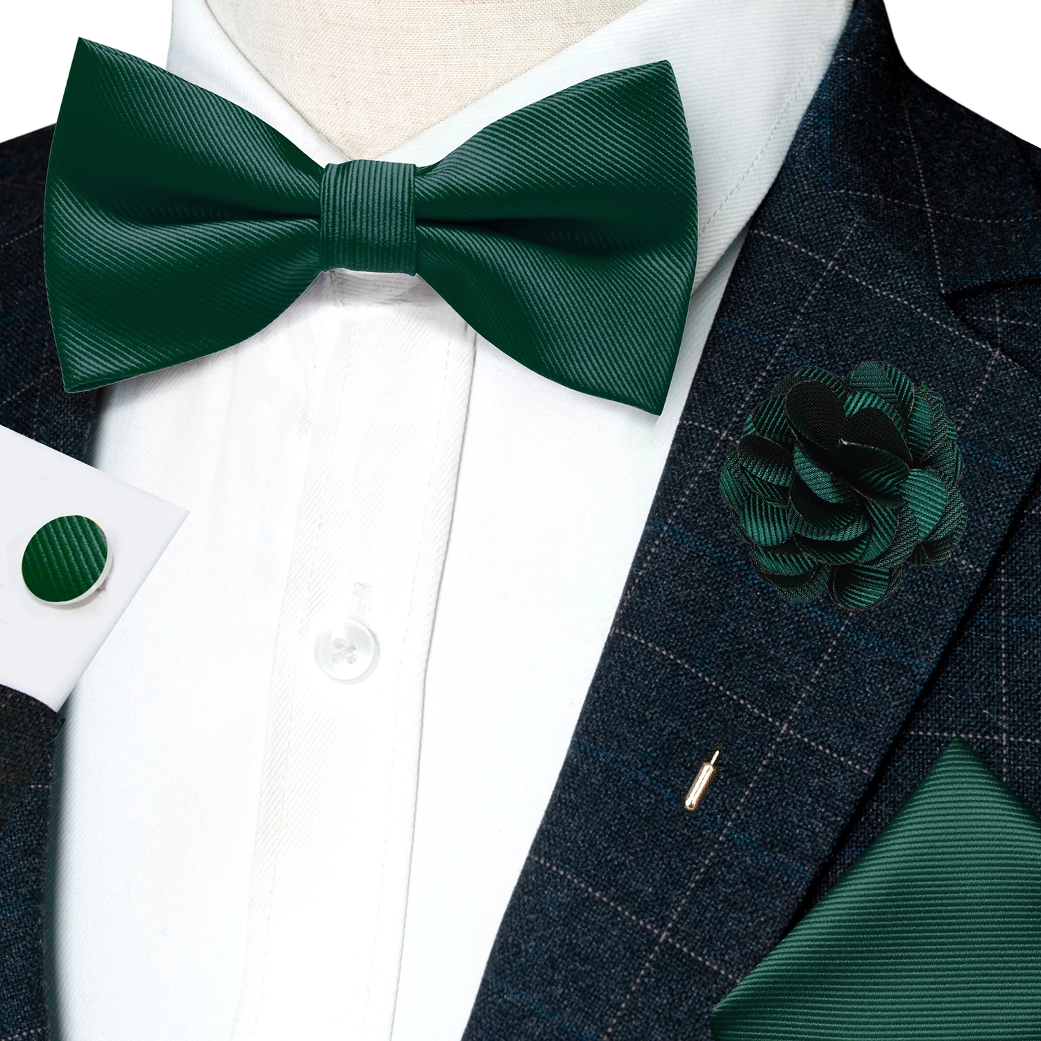 Hochzeits-Fliege für Herren, einfarbig rosa, vorgebundene Fliege, Einstecktuch, Manschettenknöpfe, Corsage-Set, Party, Business, Seiden-Schmetterlingsknoten, Geschenk – Detail 15