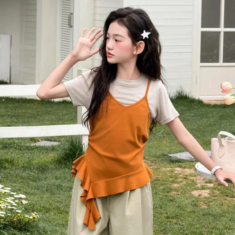 Girl's irregular ribbon fake two piece T-shirt wide leg pants 2026 summer new short sleeved straight leg pants